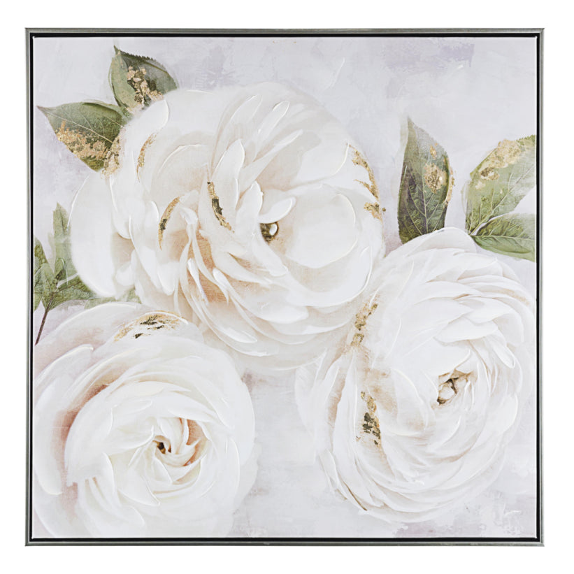 BIZZOTTO - Quadro Dipinto a Mano Olio su Tela Rose Bianche Dettagli Oro 72,5x72,5cm