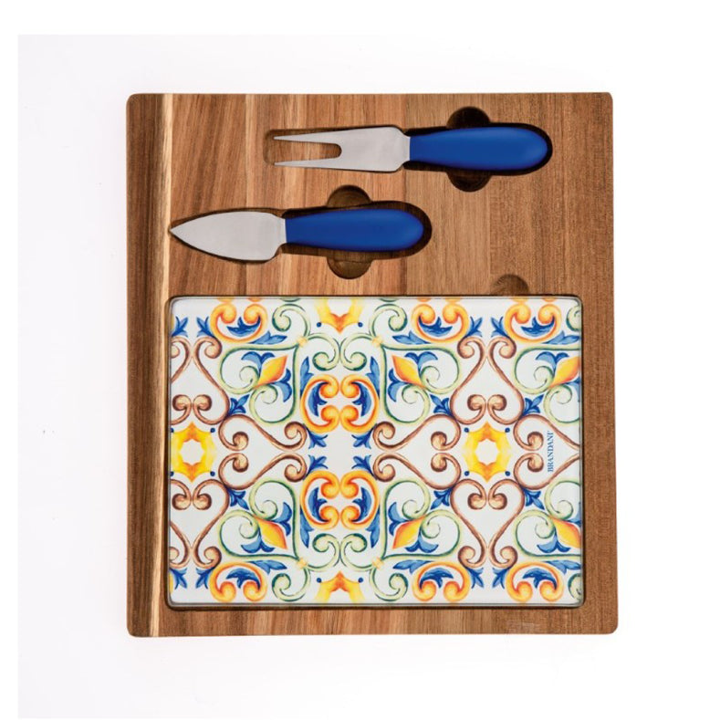 BRANDANI Medicea Chopping Board in Acacia Wood and Glass w/2 Stainless Steel Knives 53730