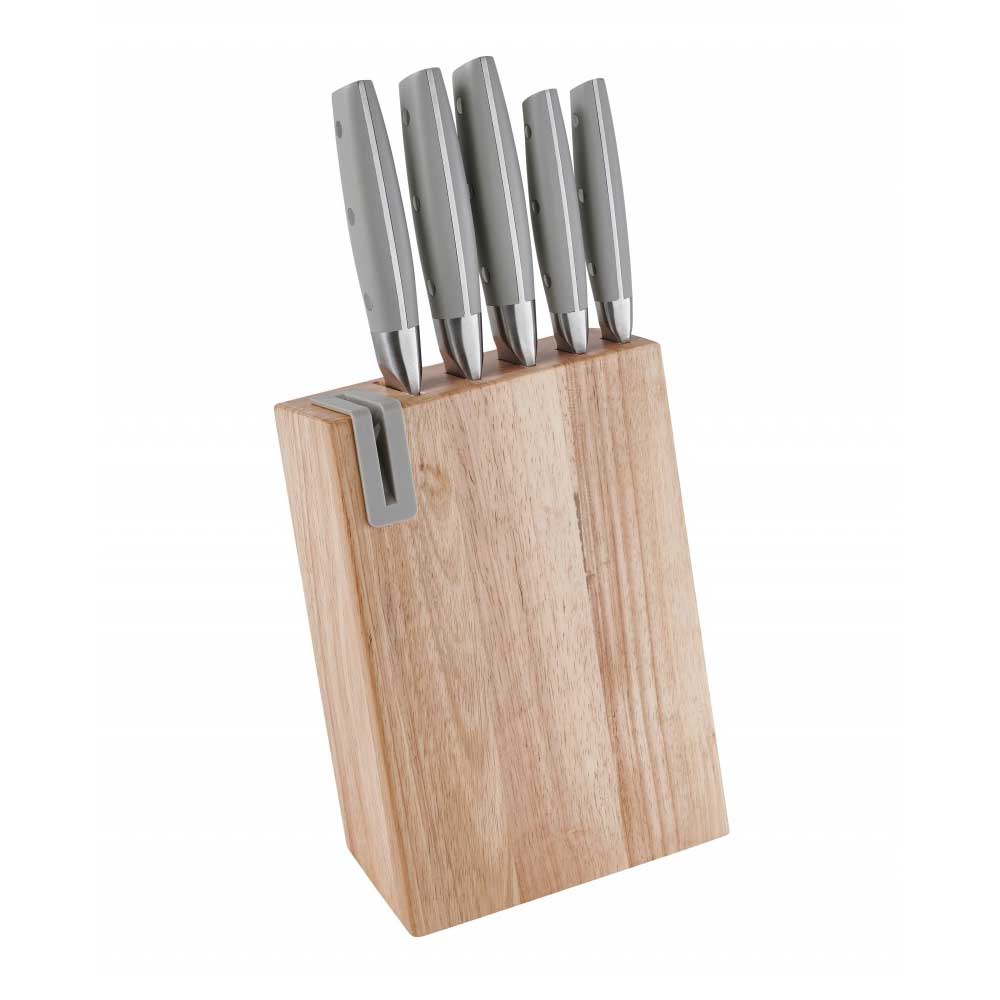 BRANDANI Natural Wooden Block with 5 Knives and Knife Sharpener