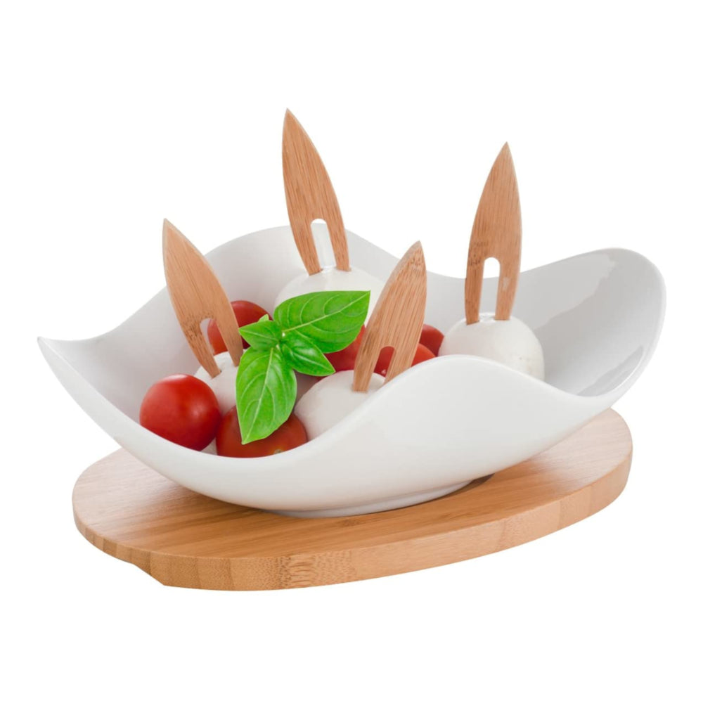 BRANDANI Nuvola Appetizer with 4 Bamboo Forks 21x13cm Porcelain