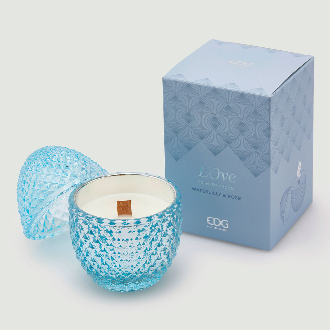 EDG Enzo De Gasperi Scented Candle Egg 12x8cm Blue in Glass Easter Decoration Water Lily and Moss