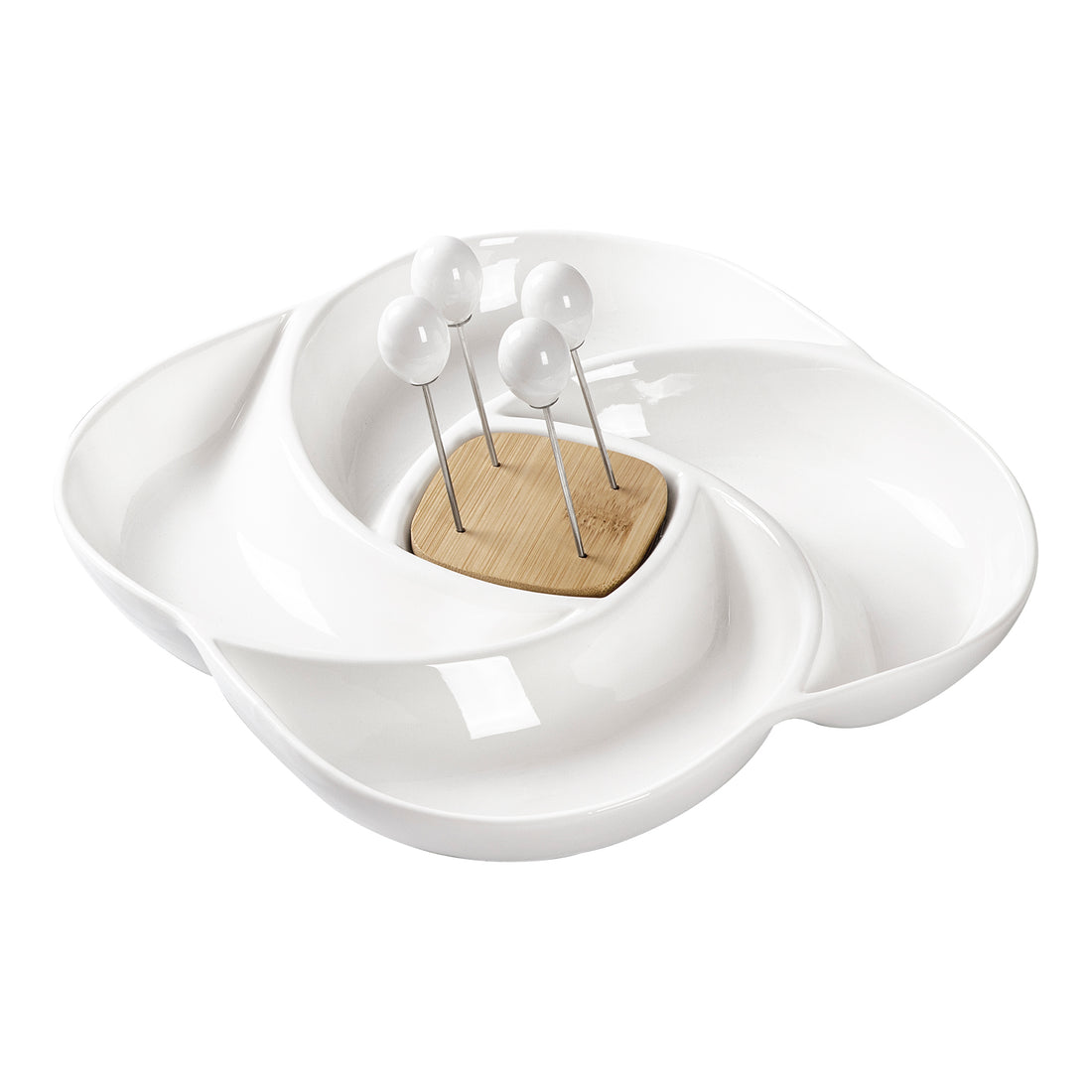 BRANDANI Porcelain and Bamboo Swivel Starter Plate with 4 Forks 24cm