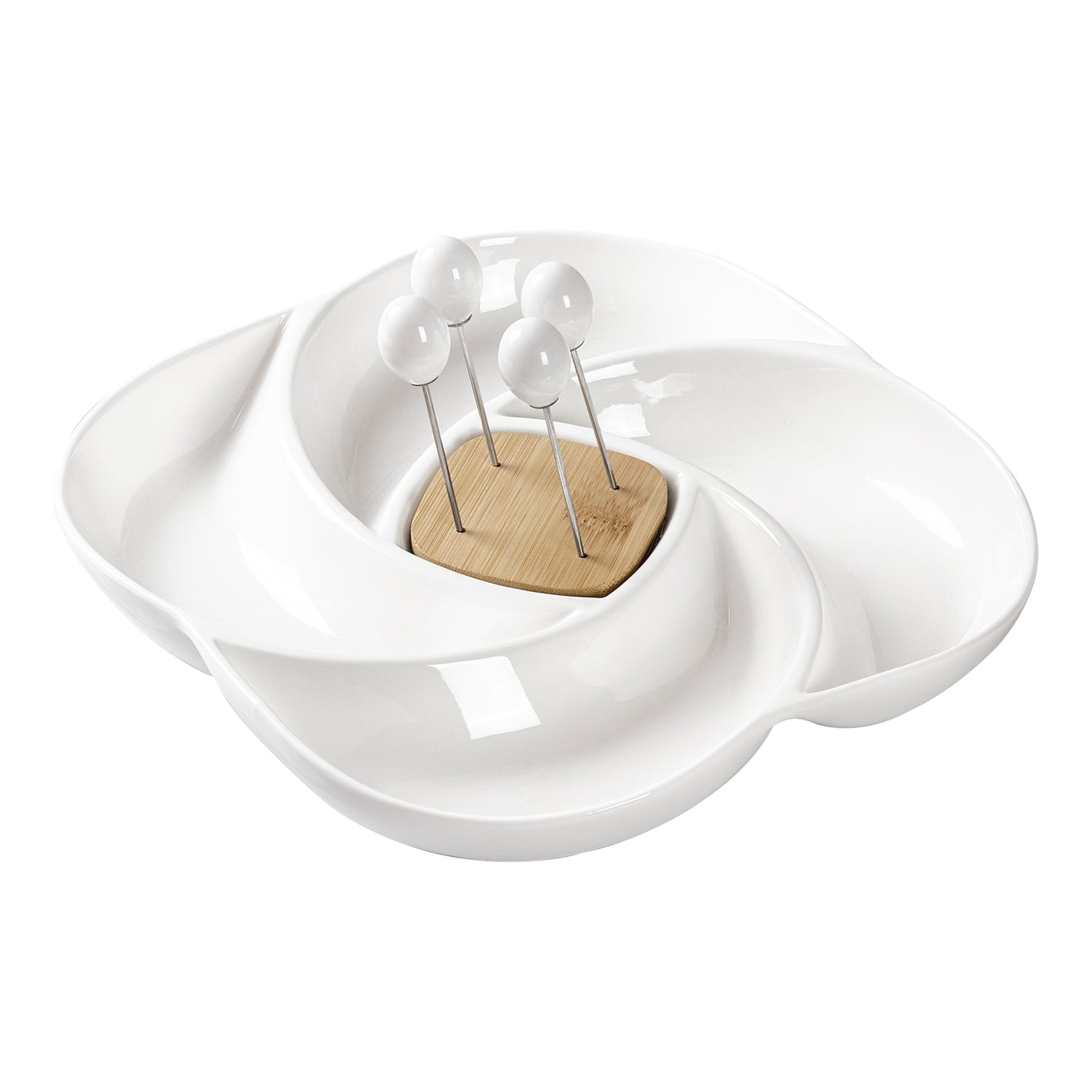 BRANDANI Antipastiera Girella in Porcellana e Bamboo con 4 Forchettine  24cm