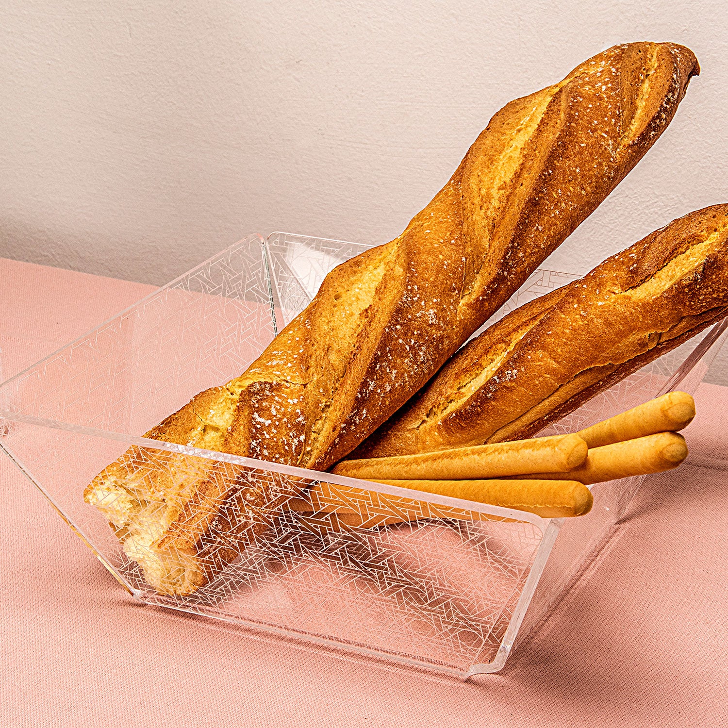 iPLEX Bon Ton Bread Basket Plexiglass Bowl 22x22cm Transparent Vienna Straw Made in Italy