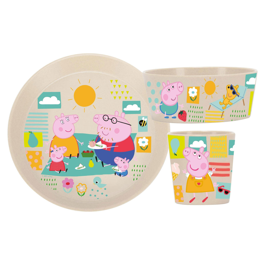 KOZIOL Baby Set 3 Pieces Plate Bowl Glass Connect Peppa Pig Organic Sand