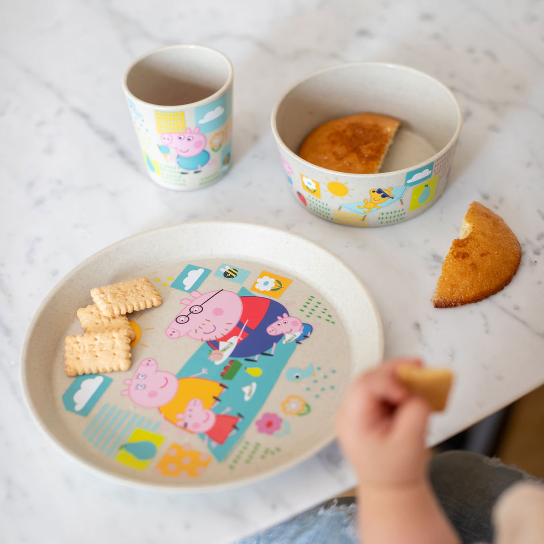 KOZIOL Baby Set 3 Pieces Plate Bowl Glass Connect Peppa Pig Organic Sand