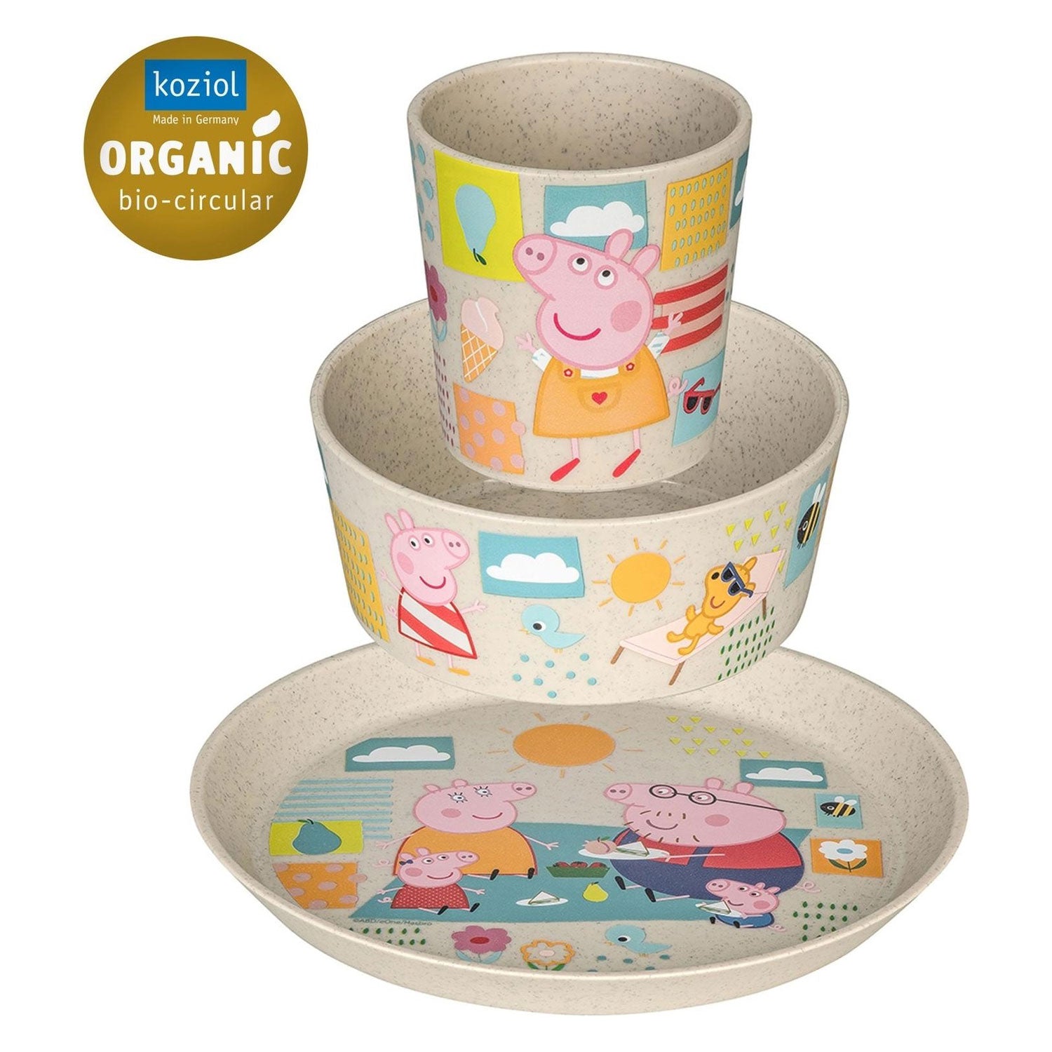 KOZIOL Baby Set 3 Pieces Plate Bowl Glass Connect Peppa Pig Organic Sand