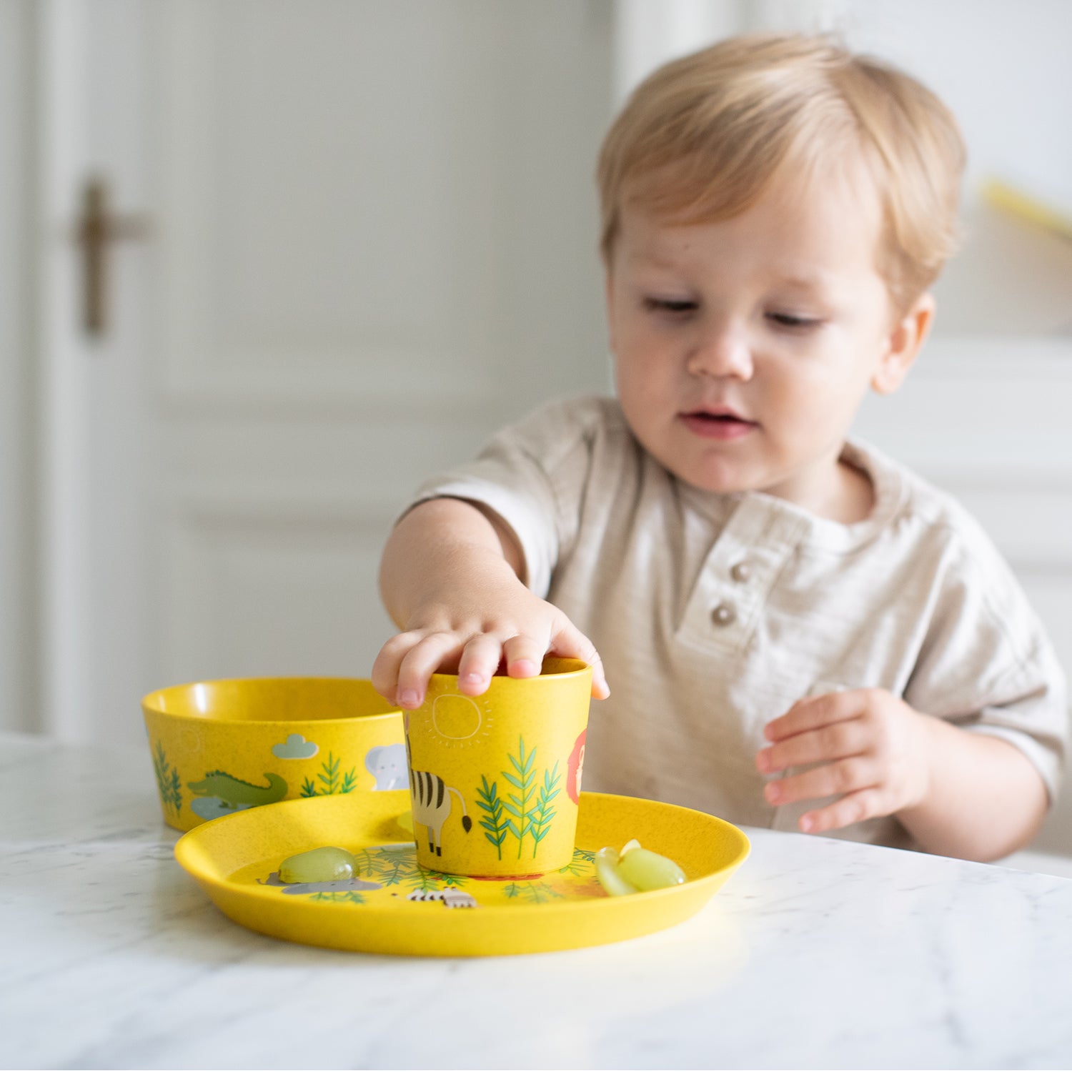 KOZIOL Baby Set 3 Pieces Plate Bowl Glass Connect Africa Yellow Organic