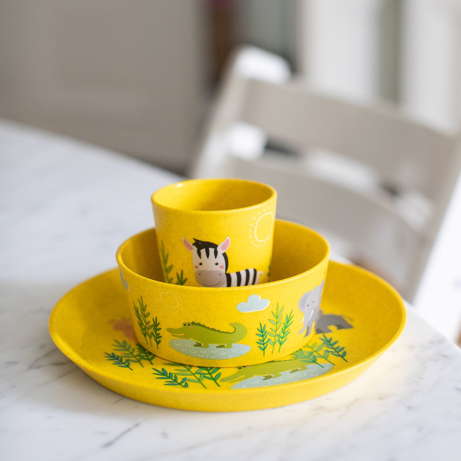 KOZIOL Baby Set 3 Pieces Plate Bowl Glass Connect Africa Yellow Organic