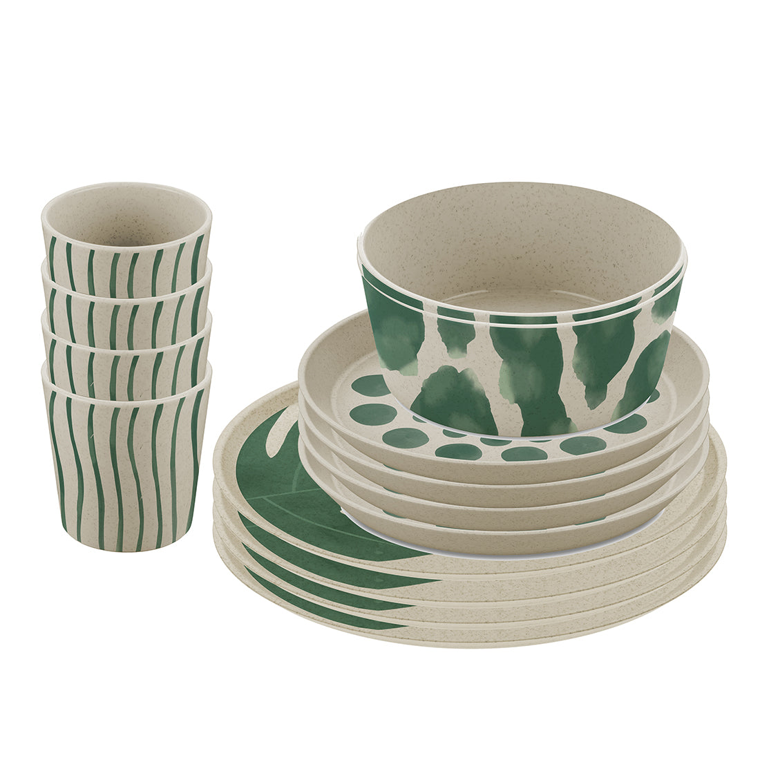 KOZIOL Table Set 16 Pieces Connect Set Monstera White Green Organic