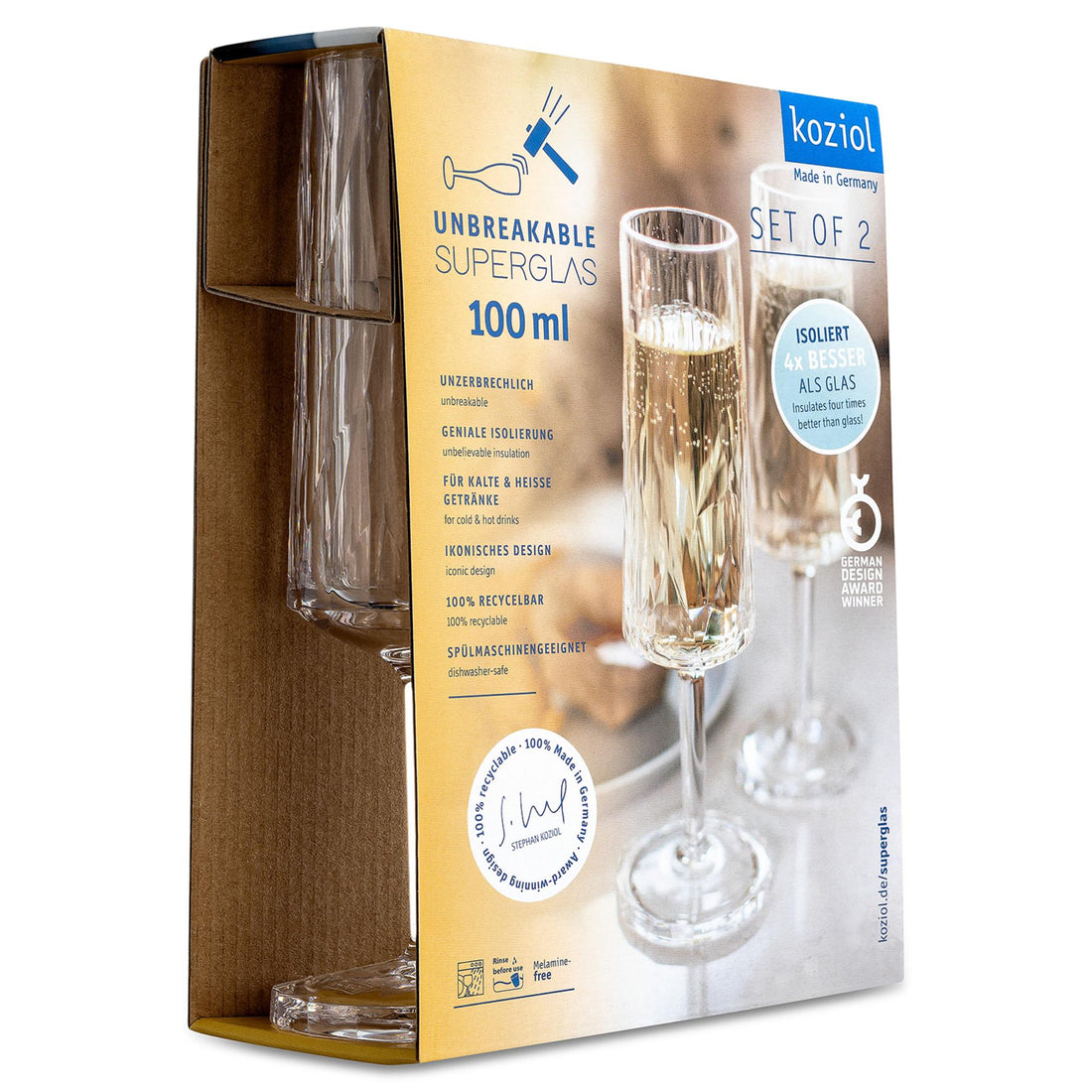 KOZIOL Set of 2 Sparkling Champagne Glasses 20cm 100ml Club No. 14 Superglas Indestructible