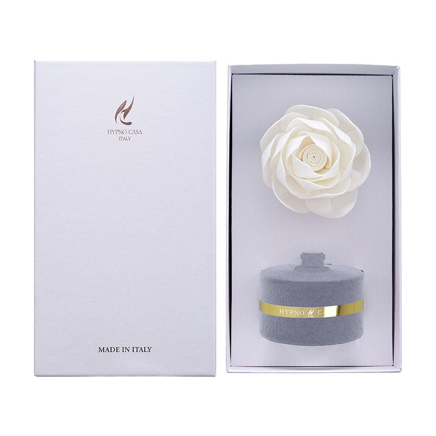 HYPNO CASA Diffusore a Bastoncini con Rosa Bianca 60ml Floccato Velluto Grigio Orchidea Nera