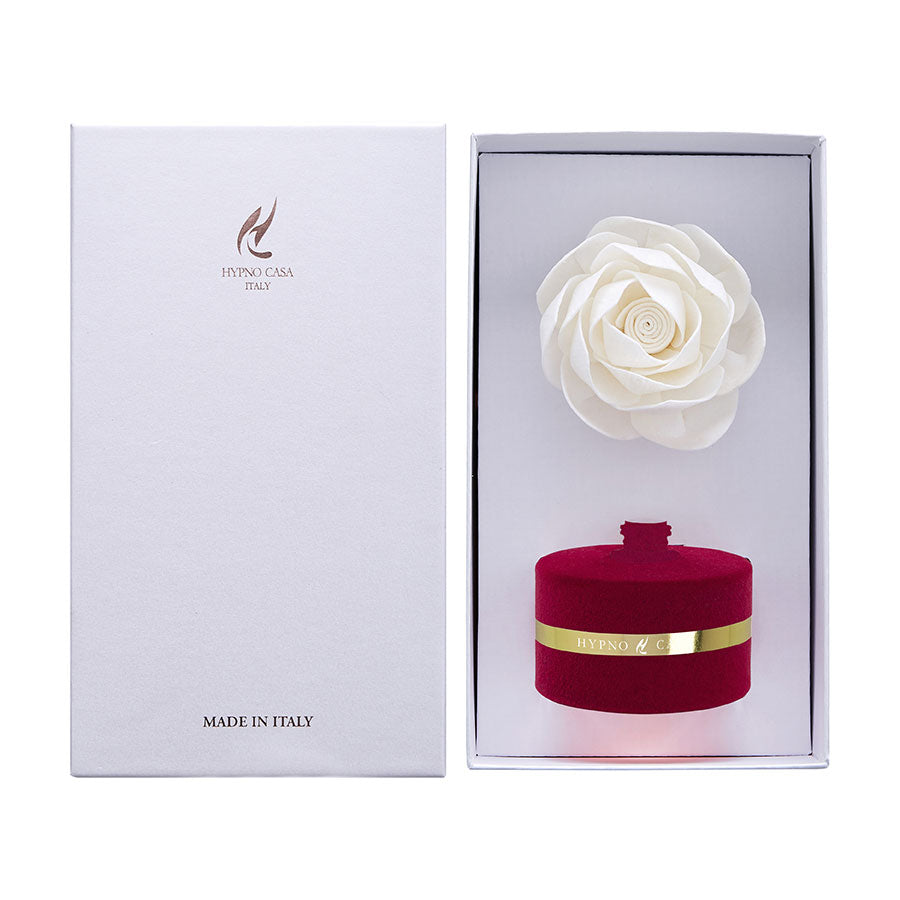 HYPNO CASA Diffusore a Bastoncini con Rosa Bianca 60ml Floccato Velluto Bordeaux Melograno