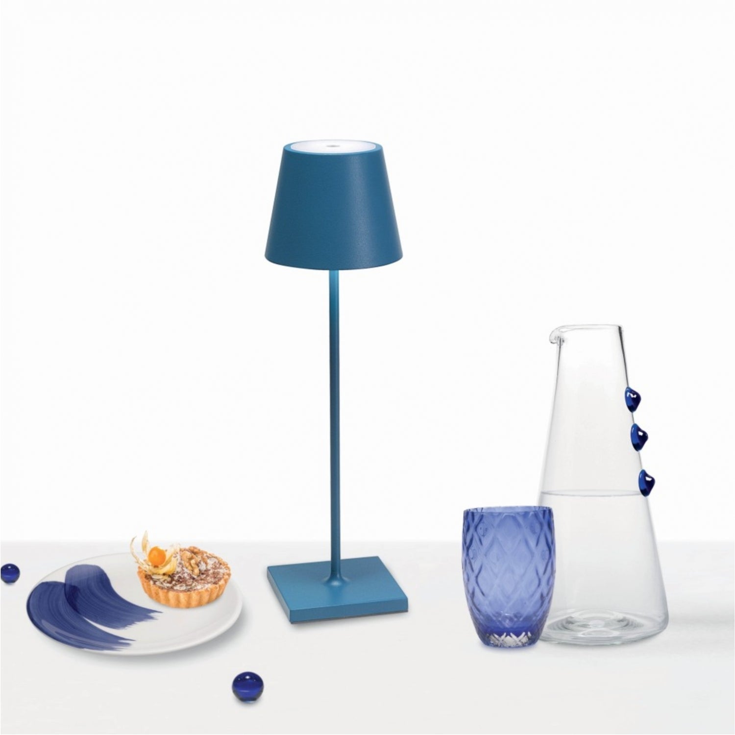 ZAFFERANO Poldina PRO Lampada da Tavolo 38cm LED Ricaricabile Senza Fili Blu Avio Alluminio