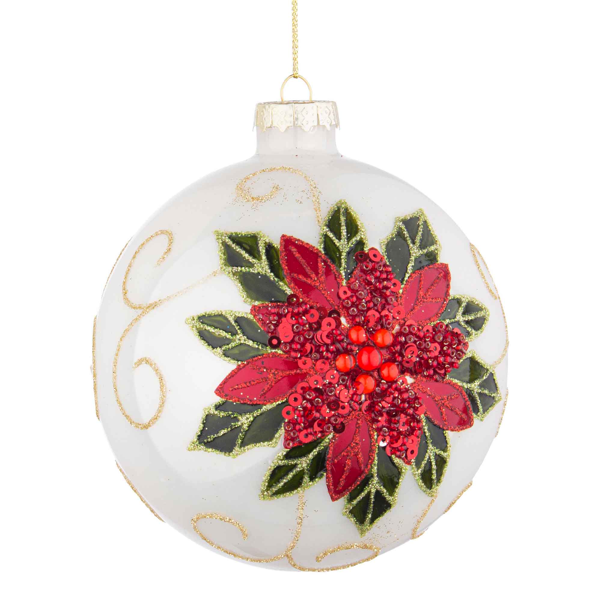 BIZZOTTO Sphere Decoration Bauble Christmas Tree Poinsezia Glass Ball 10cm White