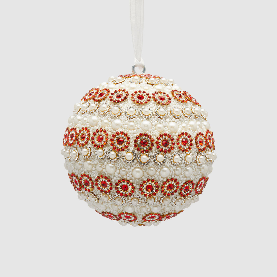 EDG Enzo De Gasperi Sfera Pallina Albero di Natale 10cm Fasce con Gemme e Perle Bianco Rosso