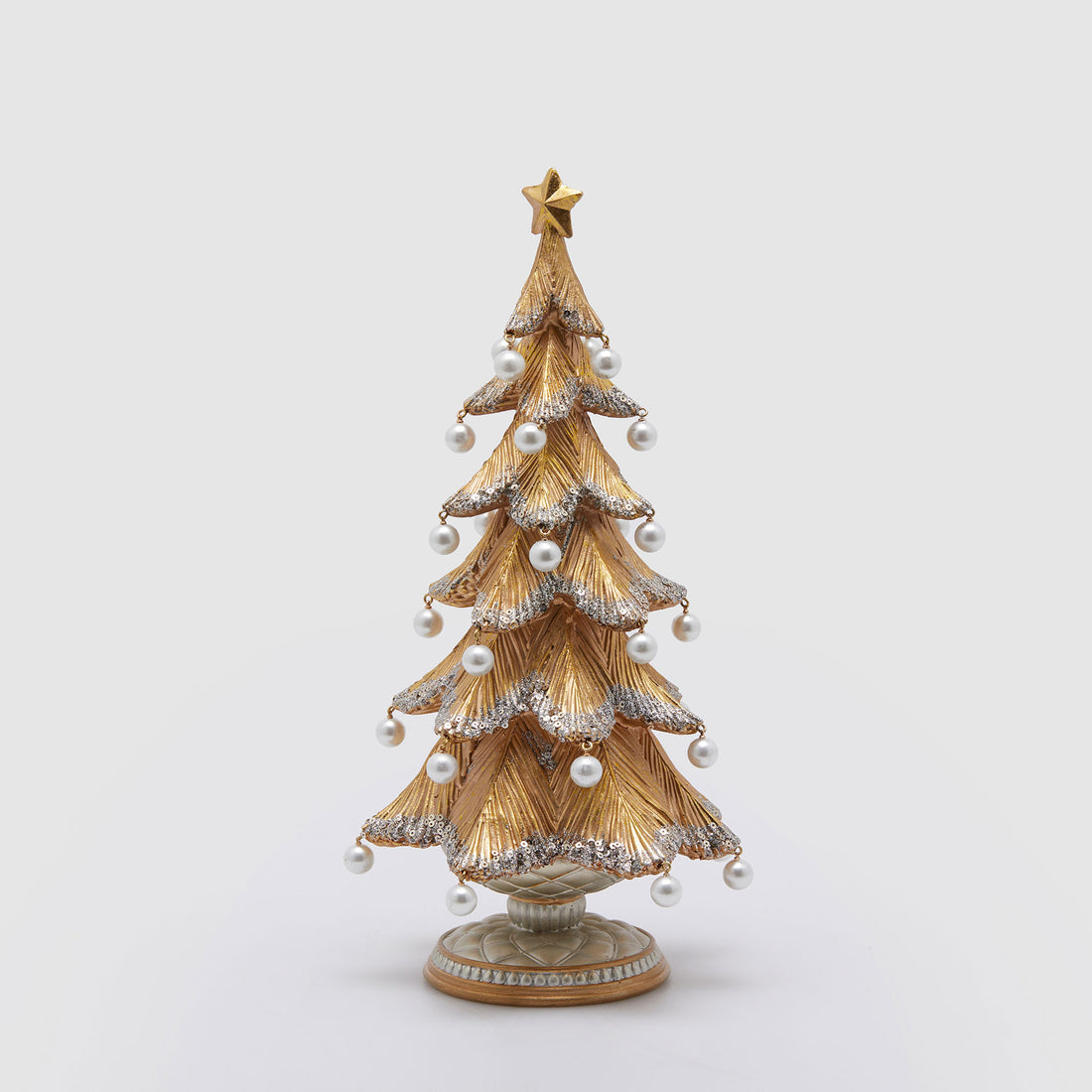 EDG Enzo De Gasperi Pino Albero di Natale con Perle 36x19cm Resina Oro e Argento Decorazione Natalizia