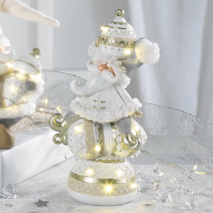 MASCAGNI CASA Decorazione Natalizia Babbo Natale in Resina con Luci LED 13x26cm Bianco Oro