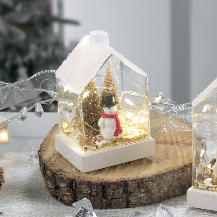 MASCAGNI CASA Casetta in Vetro con Pupazzo di Neve e Luci LED 12x8cm Decorazione Natalizia