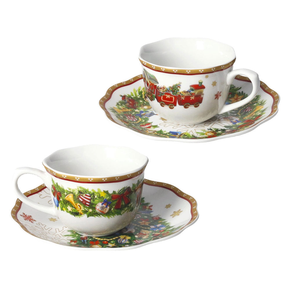 BRANDANI Christmas Set 2 Tazze Caffè Espresso con Piattino 14x6cm Porcellana Tavola di Natale