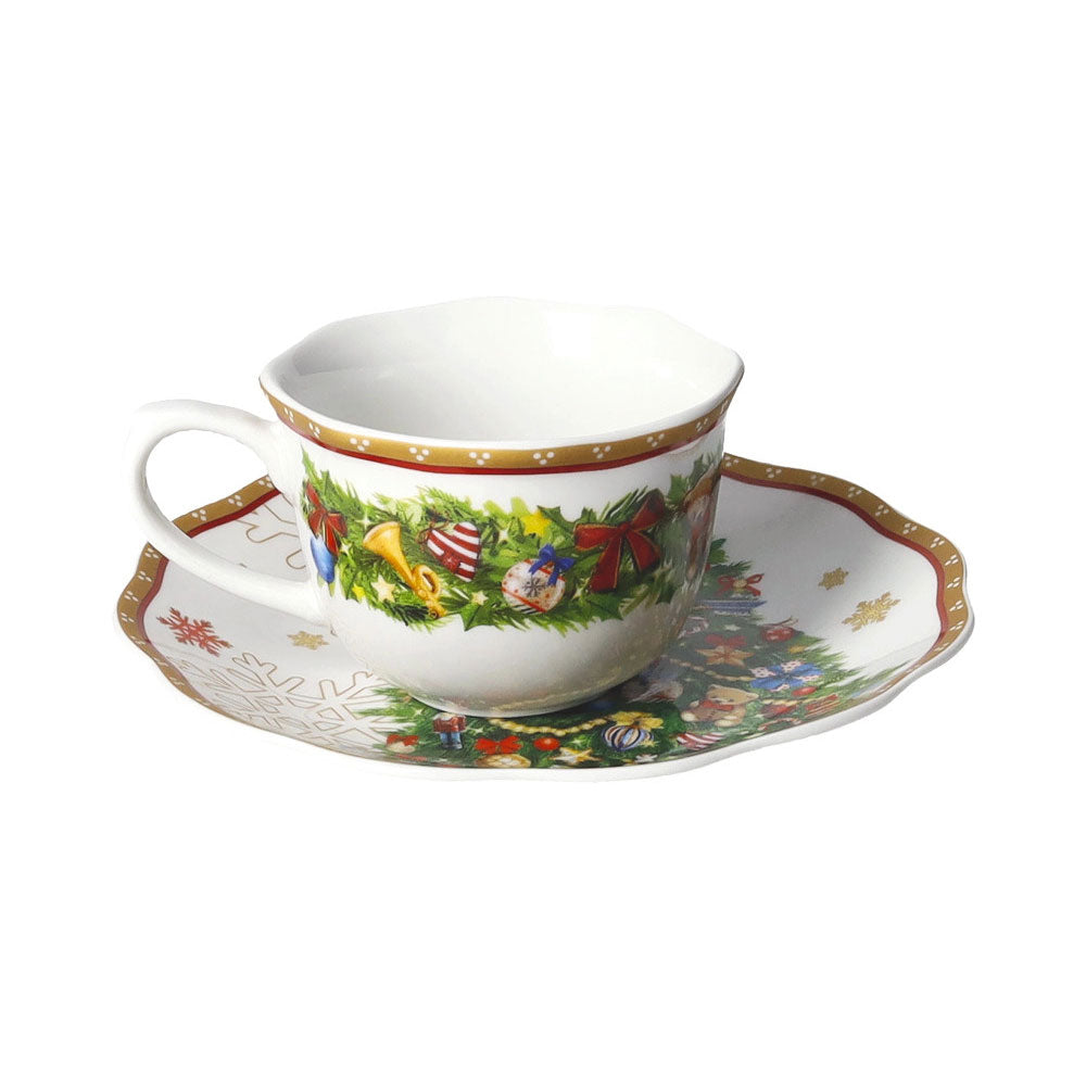 BRANDANI Christmas Set 2 Tazze Caffè Espresso con Piattino 14x6cm Porcellana Tavola di Natale