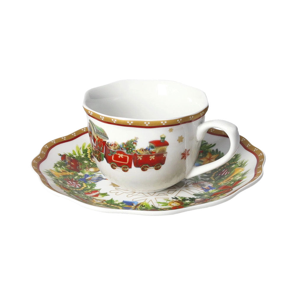 BRANDANI Christmas Set 2 Tazze Caffè Espresso con Piattino 14x6cm Porcellana Tavola di Natale