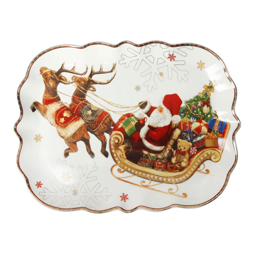 BRANDANI Christmas Vassoio Rettangolare Slitta 33,5x25cm Porcellana Tavola di Natale