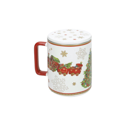 BRANDANI Christmas Tazza Mug con Tappo e Filtro 11,5x8cm Porcellana Tavola di Natale