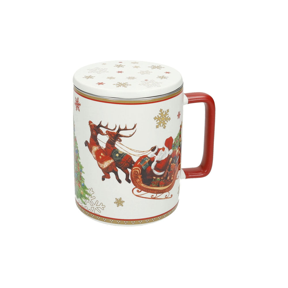 BRANDANI Christmas Tazza Mug con Tappo e Filtro 11,5x8cm Porcellana Tavola di Natale