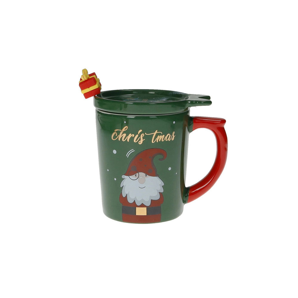 BRANDANI Tazza Mug con Tappo Verde e Cucchiaino Oro 11x9cm Porcellana Tavola di Natale