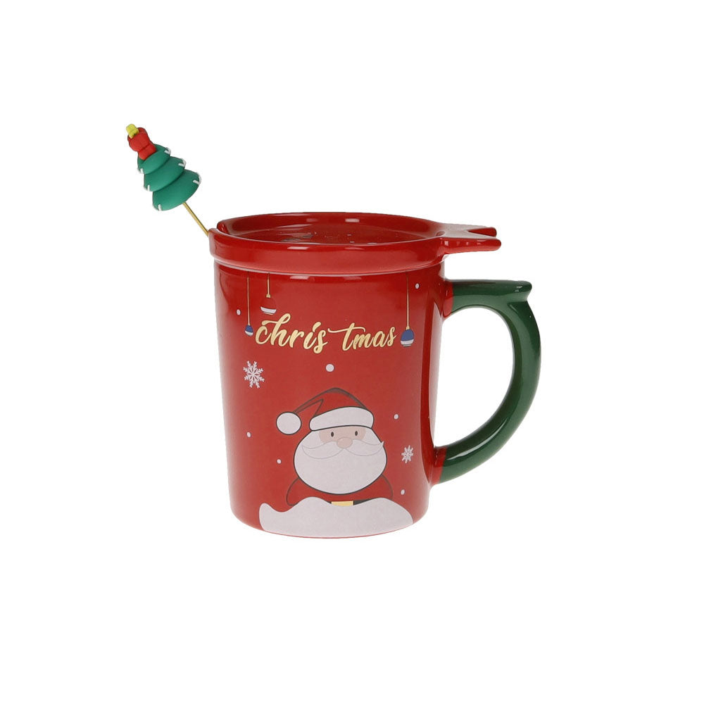 BRANDANI Tazza Mug con Tappo Rossa e Cucchiaino Oro 11x9cm Porcellana Tavola di Natale