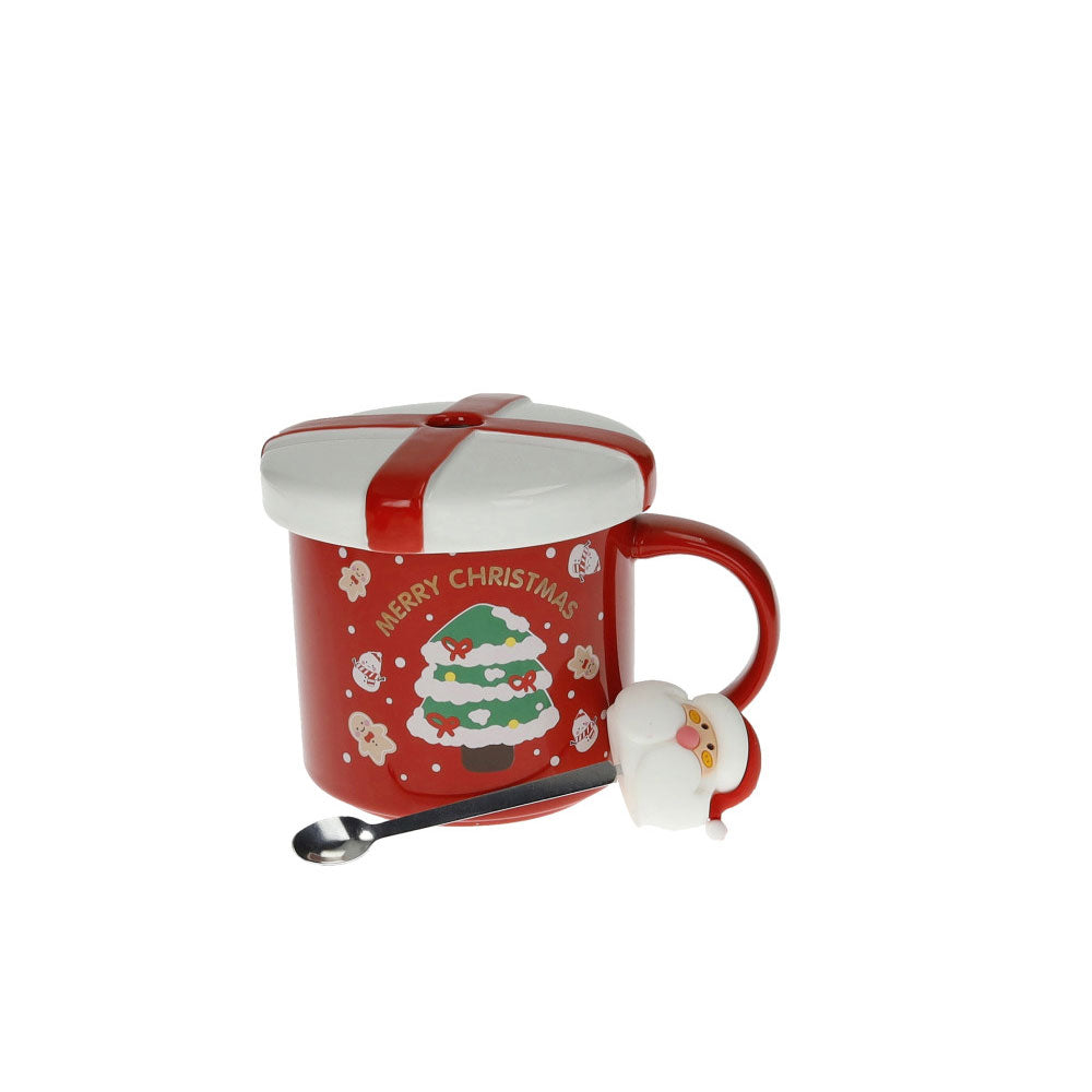 BRANDANI Tazza Mug con Tappo Rossa e Cucchiaino Oro 11x9cm Porcellana Tavola di Natale