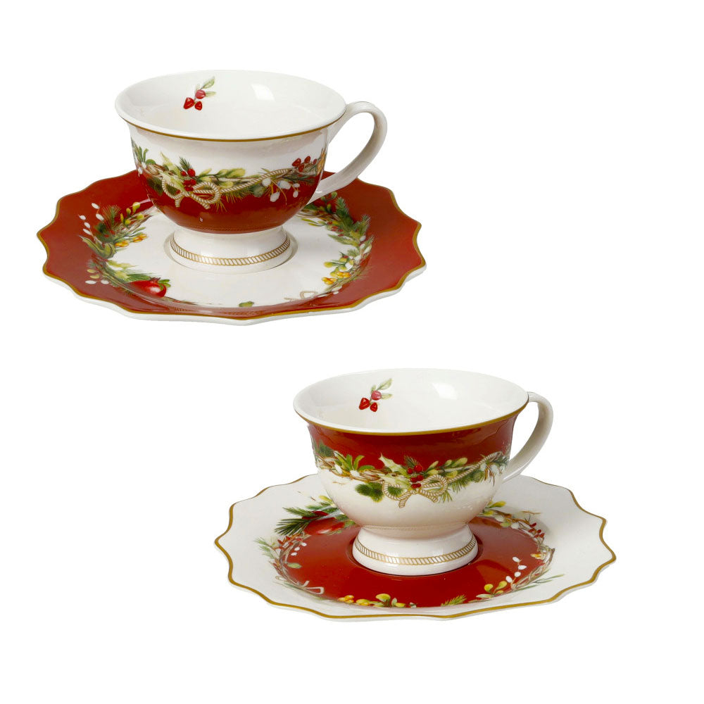 BRANDANI Carol Set 2 Tazzine Caffè Espresso con Piattino 13x6cm Porcellana Tavola di Natale