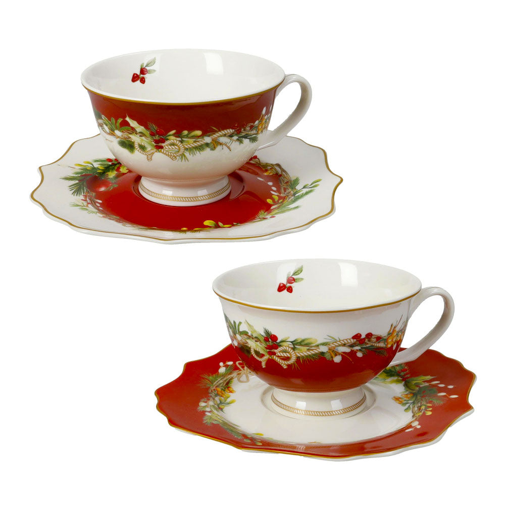 BRANDANI Carol Set 2 Tazze Tè con Piattino 16,5x7cm Porcellana Tavola di Natale