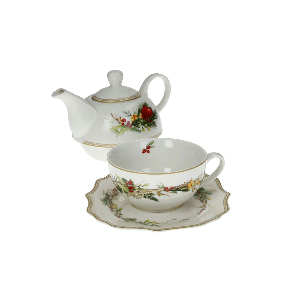 BRANDANI Carol Teiera con Tazza e Piattino 14x16cm Porcellana Tavola di Natale