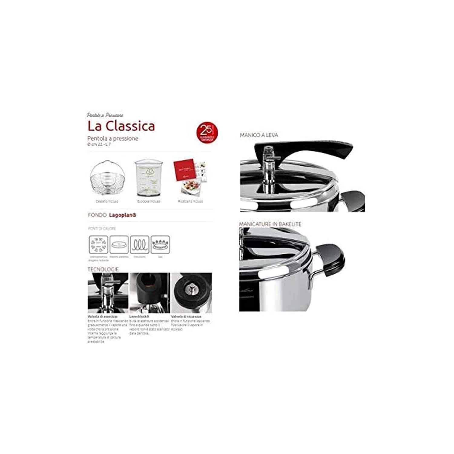 LAGOSTINA La Classica Lagofusion Pentola a Pressione 7L Acciaio Inox 22cm