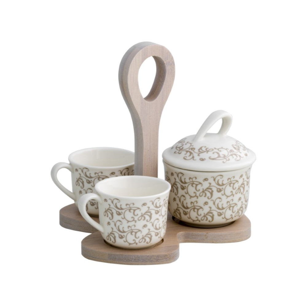 BRANDANI Coffe Set Riccioli di Fata Porcellana Supporto Bamboo Naturale Bianco