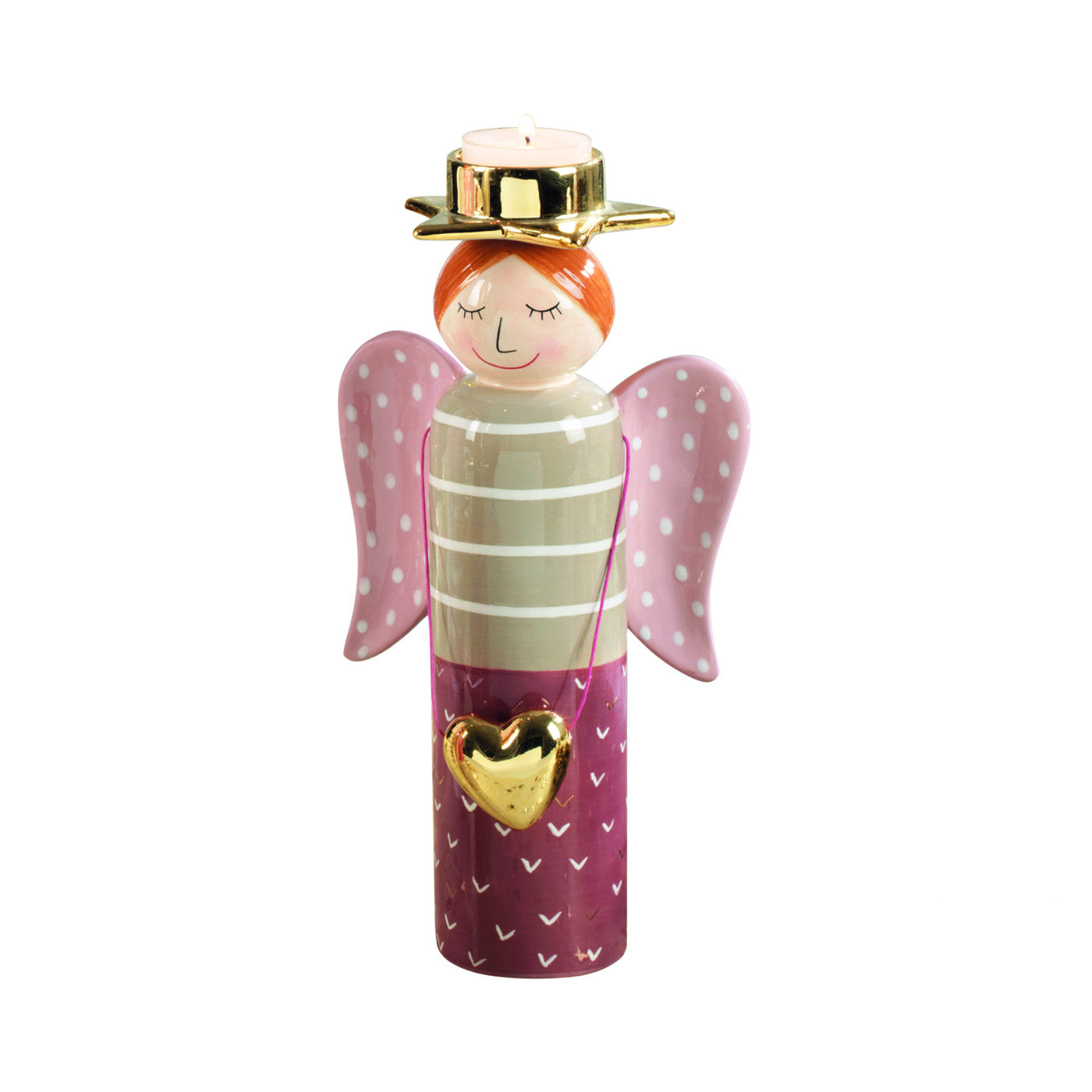 MASCAGNI CASA - Portacandela Angelo Ceramica Rosa c/ Cuore Oggettistica Natalizia H 26,5 cm