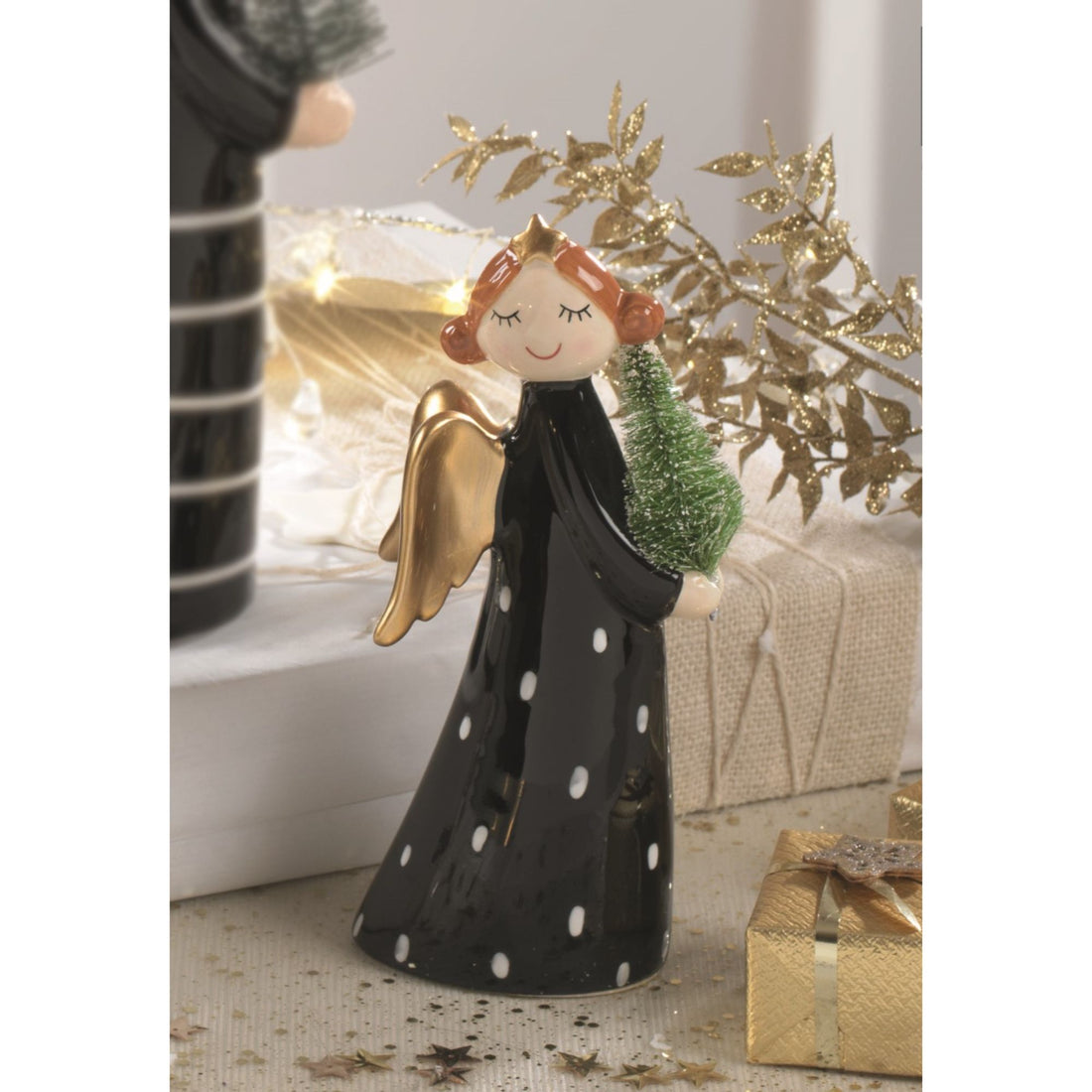 MASCAGNI CASA - Christmas Angel Christmas Decoration Black White Gold 18 cm Ceramic