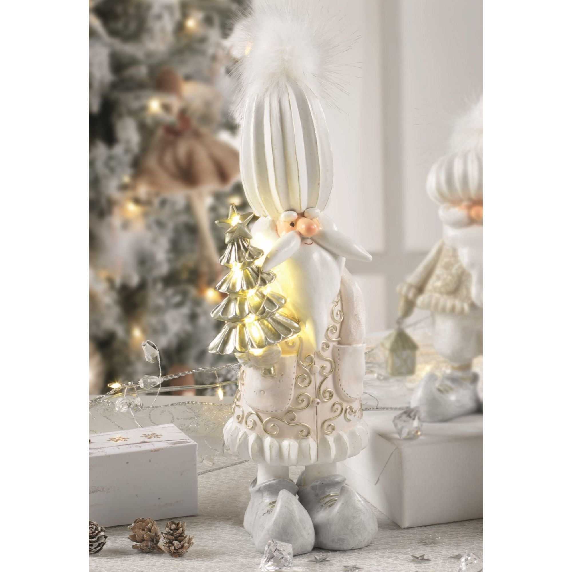 MASCAGNI CASA - White LED Santa Claus w/ Feathers Christmas Decoration 31 cm Resin