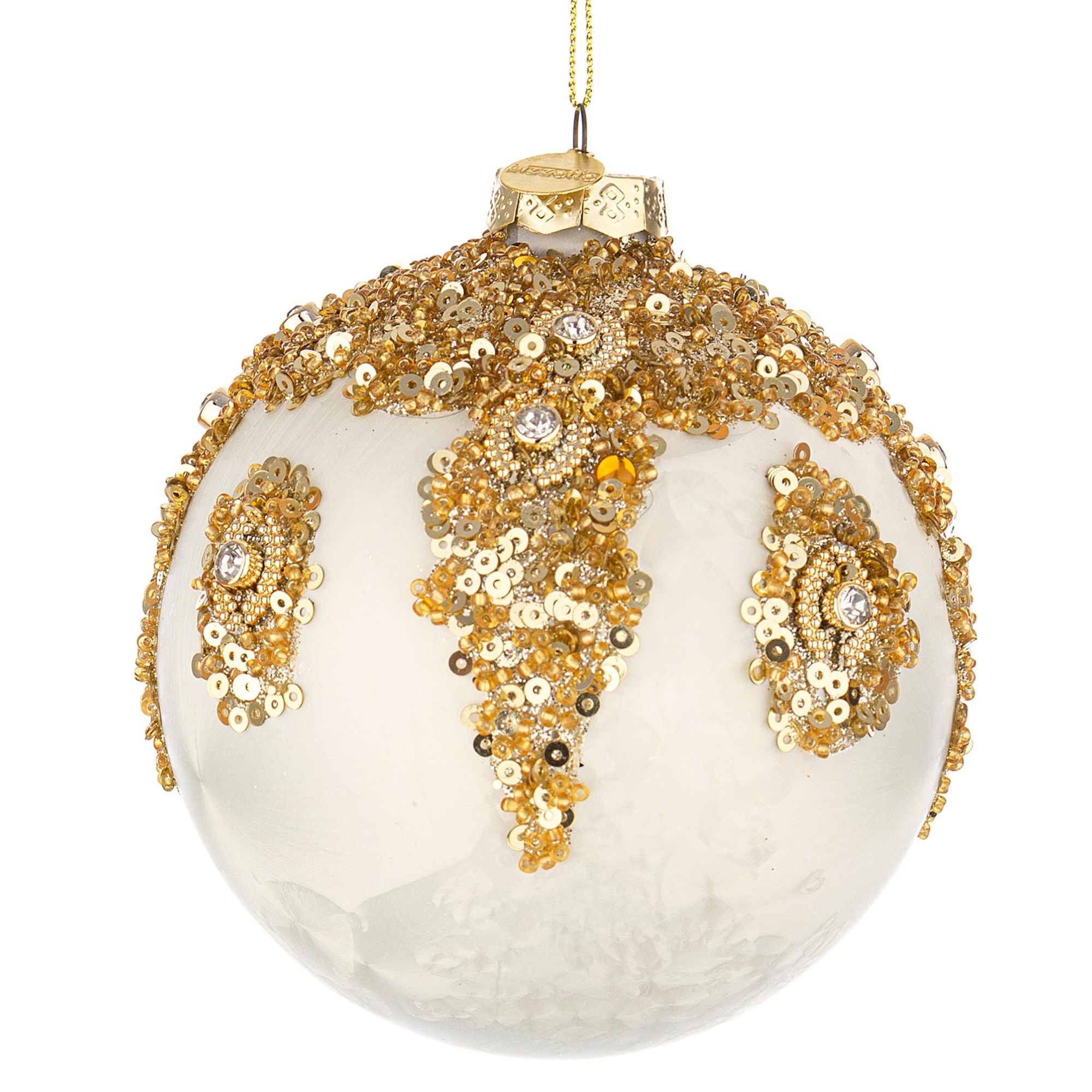 BIZZOTTO Sphere Christmas Tree Bauble in Glass Melissa Sequins 10cm White Gold