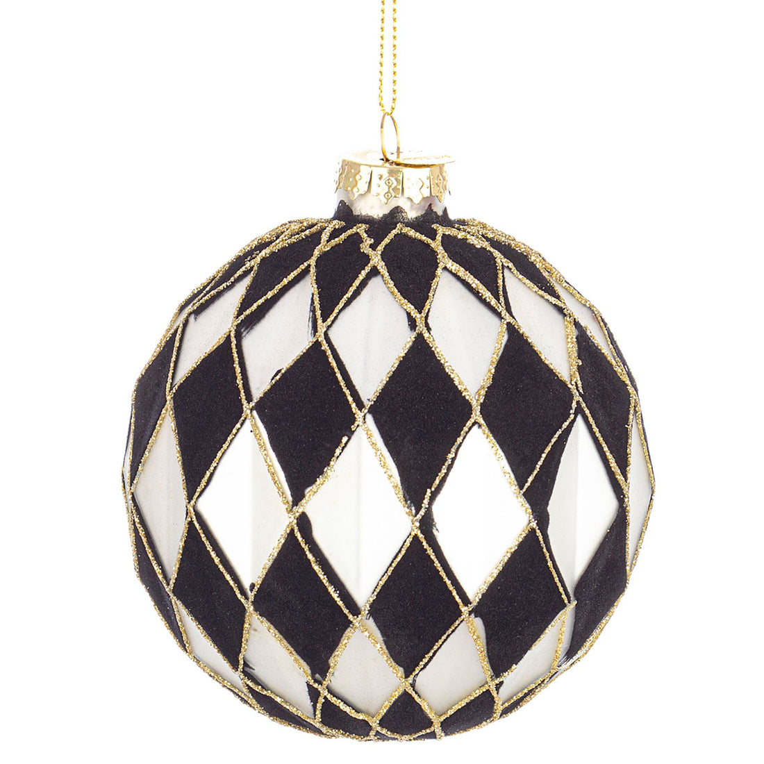 BIZZOTTO - Sfera Pallina Albero di Natale Rombi Pendaglio 10 cm Vetro Bianco Nero