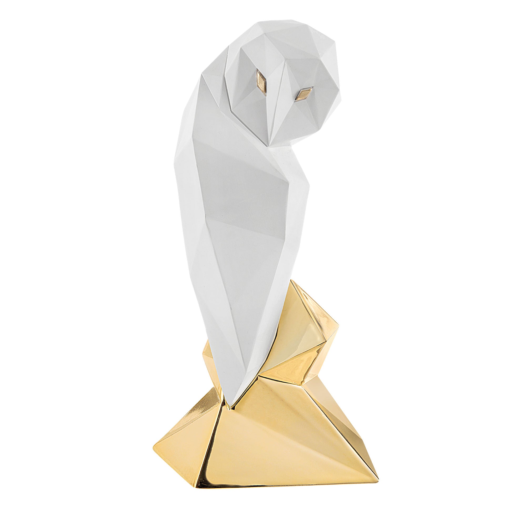 BONGELLI PREZIOSI Statua Figura Gufo Stilizzato Bianco Oro 16cm Marmorino