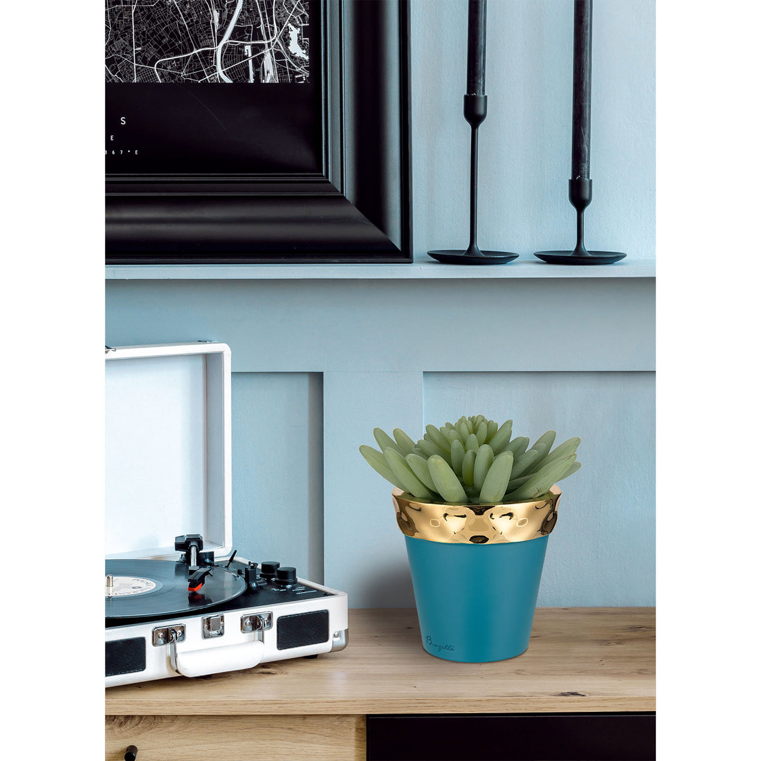 BONGELLI PREZIOSI Colored Vase in Marmorino Teal and Gold 7.5cm Real Succulent Plant