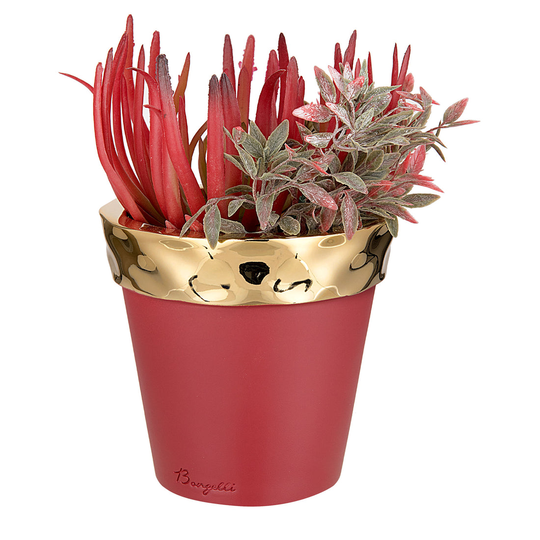 BONGELLI PREZIOSI Colored Vase in Red and Gold Marmorino 7.5cm Real Succulent Plant