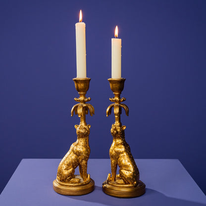 WERNS Set 2 Pieces Leopard Candlesticks 28cm Gold Resin