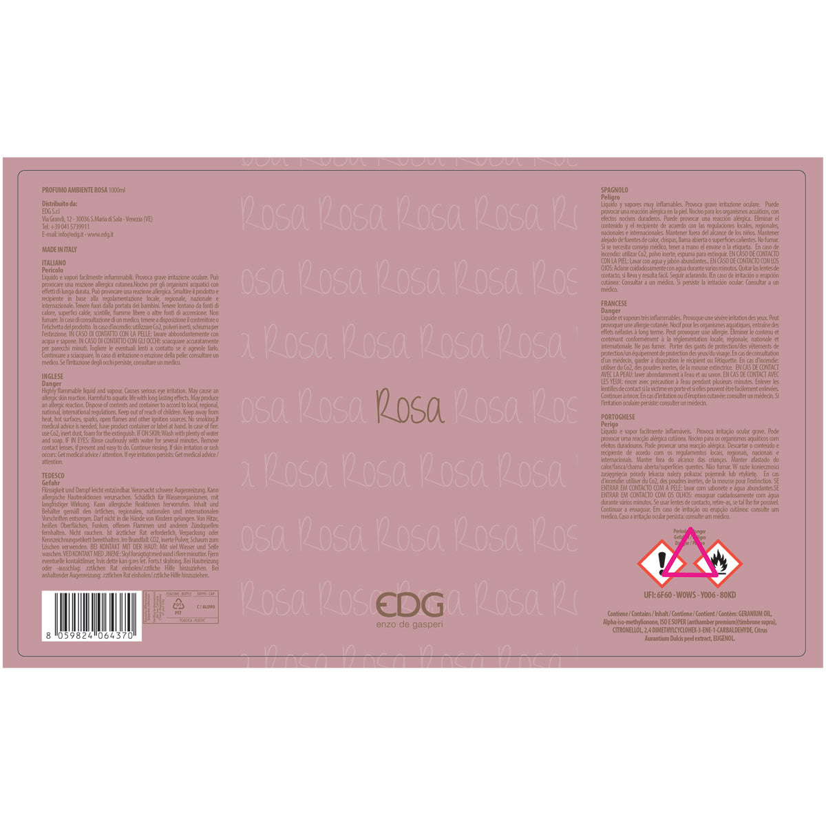 EDG Enzo De Gasperi Ricarica Refill Lux Profumatore Diffusore 1 Litro Rosa