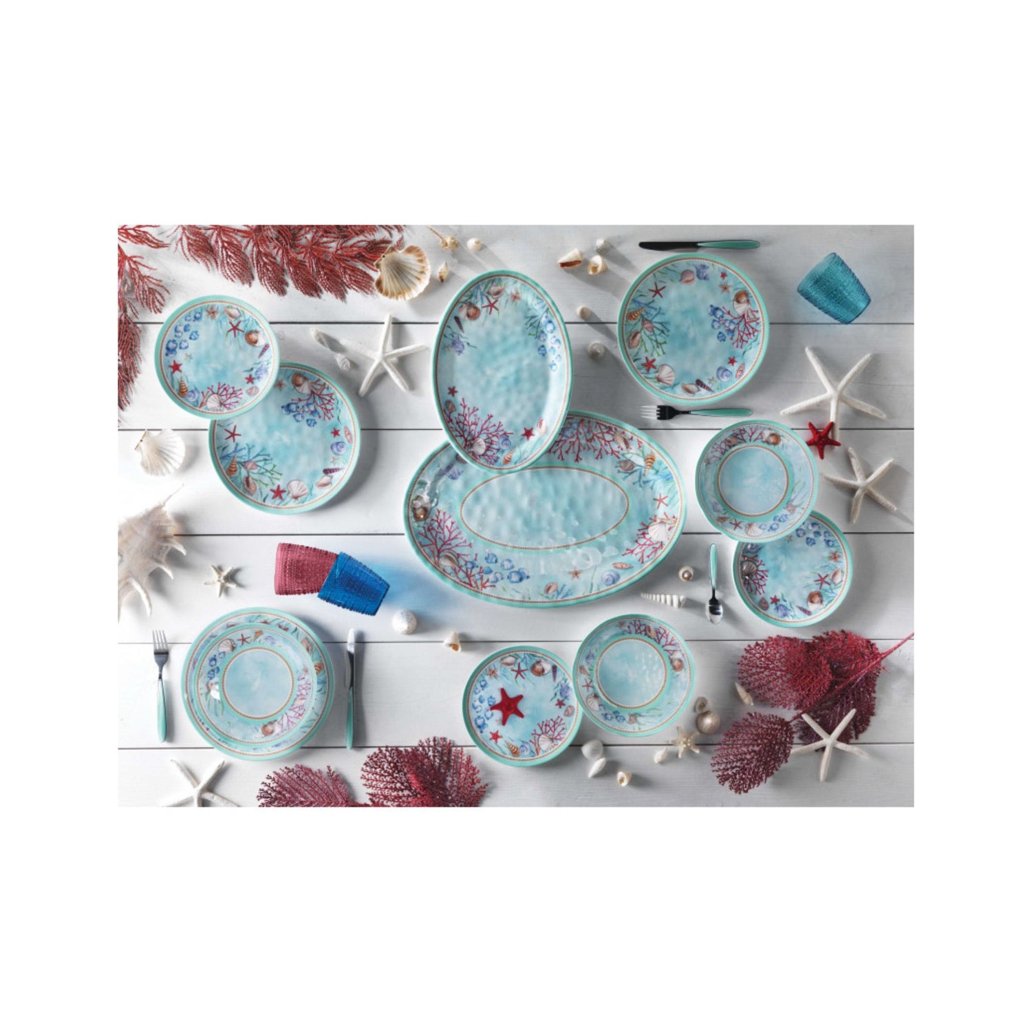 BRANDANI - Oval Marine Reef Light Blue Table Tray 35x25cm Melamine