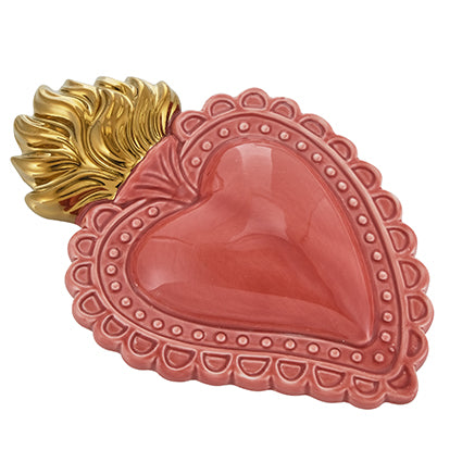 MONTEMAGGI Cuore Ex Voto Rosso Corallo Fiamme Oro 16x11cm Ceramica Decorazione Dipinta a Mano