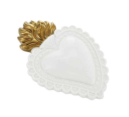 MONTEMAGGI Cuore Ex Voto Bianco Fiamme Oro 16x11cm Ceramica Decorazione Dipinta a Mano